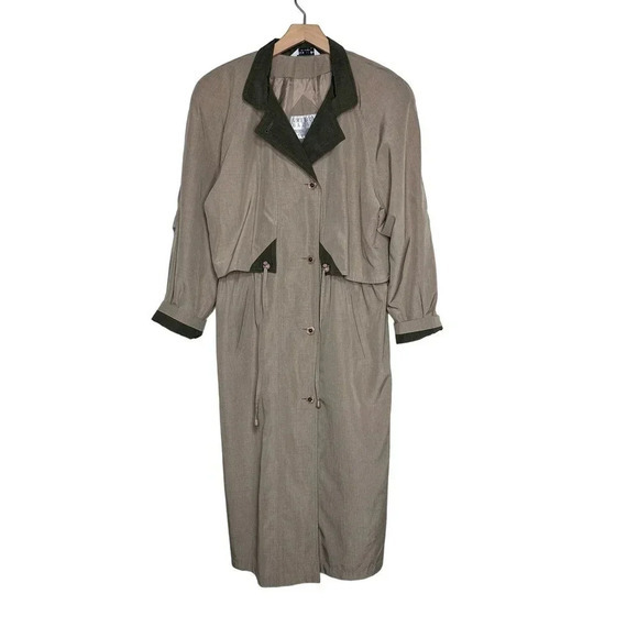 American Bazaar womens 8 tan green long trench coat Classic Officecore Vintage - Picture 1 of 8